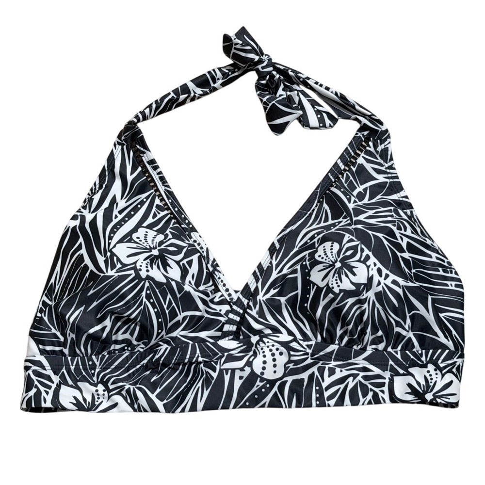 Sol Borne Plus 3X Halter Bikini Top Black White Floral Recycled Polyester NEW